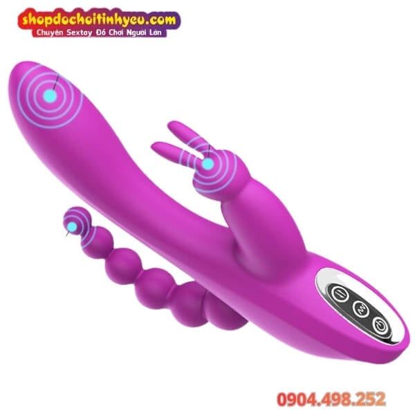 Máy Rung Ba Điểm Có Đầu Phụ Tai Thỏ Kèm Chuỗi Hạt Nhét Lỗ Nhị