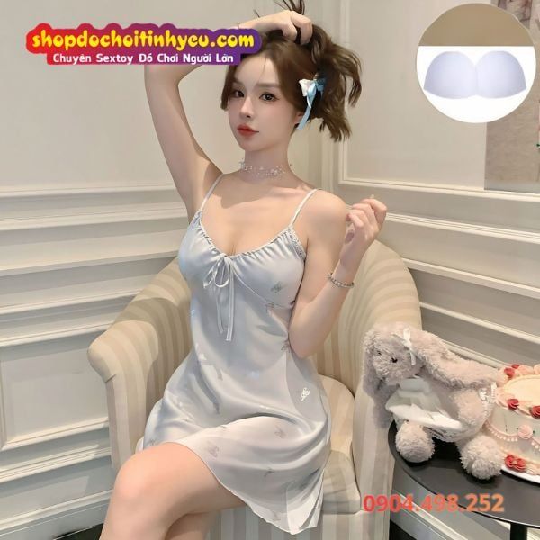 Váy Ngủ Lụa Dây Mát Mẻ Cổ Chữ V Có Họa Tiết Bướm Quyến Rũ