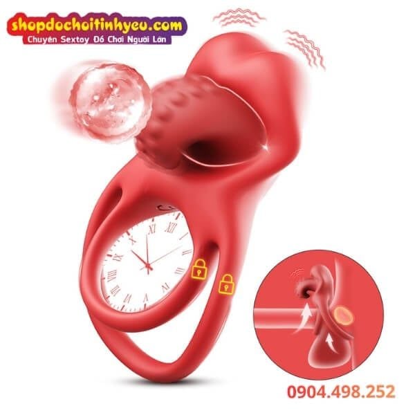 Vòng Đeo Dương Vật Khóa Tinh Kèm Đầu Lưỡi Rung Có Hạt Nổi