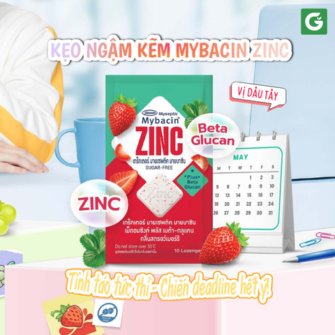 Kẹo Ngậm Mybacin ZinC Plus Vị Dâu Tây – Kết hợp kẽm và Beta-Glucan - The Mát Tự Nhiên Từ Thái Lan