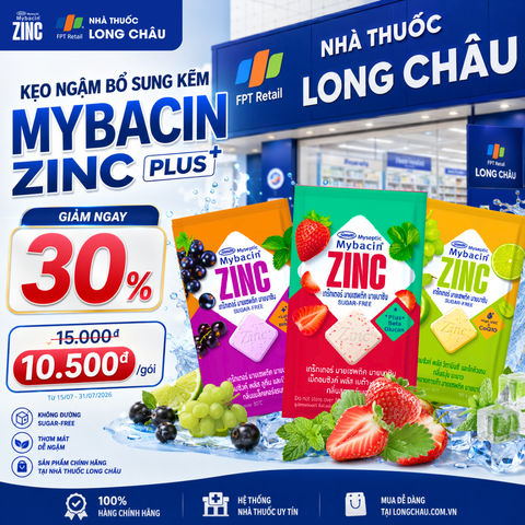 Mybacin ZinC Plus giảm 30% tại Nhà thuốc Long Châu – Chỉ còn 10.500đ/gói từ ngày 15/7 đến 31/7/2026