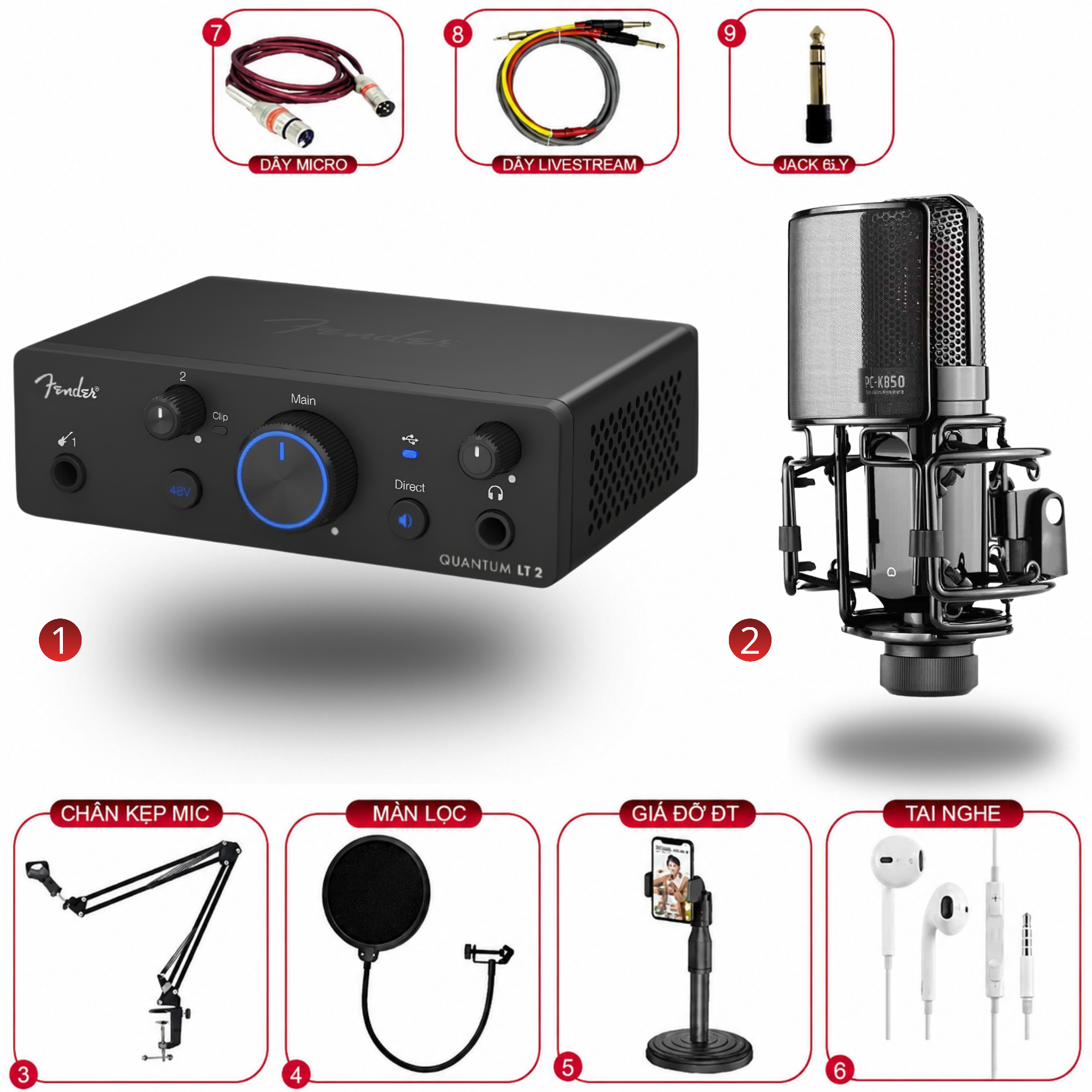 Combo Fender Quantum LT2 & Takstar K850Nâng tầm chất lượng giọng hát với bộ đôi Soundcard Fender Quantum LT2 và Micro Takstar PC K850. Sự kết hợp mang lại chất âm dày dặn, độ nhạy cao và khả năng lọc ồn xuất sắc, đáp ứng nhu cầu thu âm và hát livestream chuyên nghiệp cho mọi người. Sắm ngay tại LÂM PHÁT STUDIO!Đánh giá chi tiết Combo Thu Âm & LivestreamĐể có một chất giọng mượt mà, bay bổng trên sóng livestream hay trong các bản thu âm tại nhà, việc lựa chọn một thiết bị thu nhạy bén và bộ xử lý âm thanh sạch là điều vô cùng cần thiết. Combo giữa Soundcard Fender Quantum LT2 và Micro Takstar PC K850 mang đến một giải pháp hoàn hảo, giúp mọi người tự tin thể hiện giọng hát với chất lượng phòng thu.Micro Condenser Takstar PC K850Takstar PC K850 là một trong những chiếc micro condenser cao cấp và được ưa chuộng nhất trong phân khúc:Màng thu mạ vàng lớn: Được trang bị màng thu lớn 34mm mạ vàng tinh khiết, micro cung cấp khả năng tái tạo âm thanh cực kỳ chi tiết, dải tần đáp ứng rộng. Giọng hát thu vào sẽ có độ ấm áp ở dải trầm và sự trong trẻo, sắc nét ở dải cao.Độ ồn cực thấp (Low Self-Noise): Mạch điện tử chất lượng cao bên trong giúp giảm thiểu tối đa tiếng sôi nhiễu tự thân của micro, mang lại một bản thu sạch sẽ và tĩnh lặng.Khả năng chịu áp lực âm thanh tốt: Micro xử lý mượt mà những đoạn hát cao trào, cường độ lớn mà không gặp tình trạng rè hay vỡ tiếng. Thiết kế kim loại sang trọng đi kèm ngàm chống sốc (shockmount) chuyên dụng giúp loại bỏ rung động vật lý hiệu quả.Soundcard Fender Quantum LT2Để khai thác trọn vẹn chất âm của Takstar PC K850, Fender Quantum LT2 cung cấp sức mạnh xử lý tuyệt vời:Preamp sạch và Nguồn 48V: Cung cấp nguồn Phantom 48V chuẩn xác để cấp điện cho màng thu của K850. Bộ tiền khuếch đại (Preamp) khuếch đại tín hiệu mạnh mẽ nhưng vẫn giữ được nền âm tĩnh, không bị noise.Xử lý kỹ thuật số chất lượng cao: Chuyển đổi âm thanh Analog/Digital với độ phân giải tiêu chuẩn, giữ nguyên sự tự nhiên của giọng hát khi truyền vào phần mềm thu âm hay nền tảng livestream.Kiểm âm độ trễ thấp: Hỗ trợ mọi người nghe lại chính giọng hát của mình qua tai nghe ngay lập tức, không bị trễ tiếng, giúp dễ dàng kiểm soát nhịp điệu và cảm xúc khi hát.Bảng Thông Số Kỹ Thuật Tổng QuanThành phầnThông số nổi bậtMicrophoneTakstar PC K850Loại MicroCondenser (Màng thu mạ vàng 34mm)Hướng thuCardioid (Hình tim)Tần số đáp ứng30Hz - 20kHzThiết bị xử lýSoundcard Fender Quantum LT2Nguồn cấp MicroPhantom Power 48VGiao diện kết nốiUSB / Type-C Audio InterfaceỨng dụngThu âm vocal, Hát Livestream, Podcast, Voice-overTrải nghiệm âm thanh đỉnh cao tại Lâm Phát StudioBộ combo Takstar PC K850 và Fender Quantum LT2