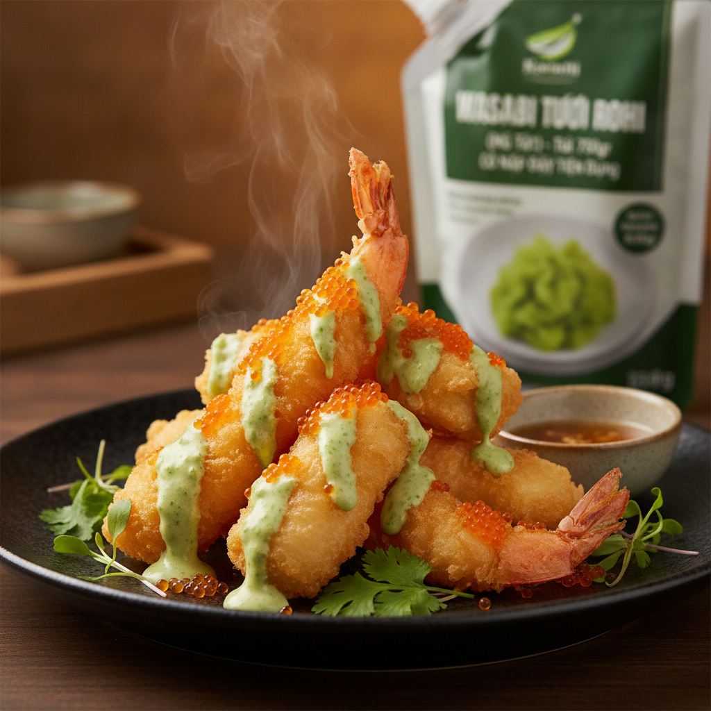 Tôm Sú Chiên Tempura Sốt Wasabi Mayo Trứng Cá Chuồn: Giòn tan béo ngậy