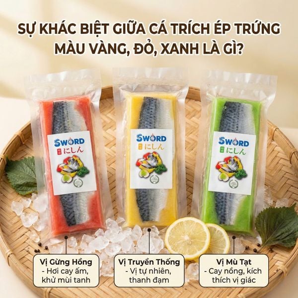 Sự khác biệt giữa Cá Trích Ép Trứng màu Vàng, Đỏ, Xanh là gì?