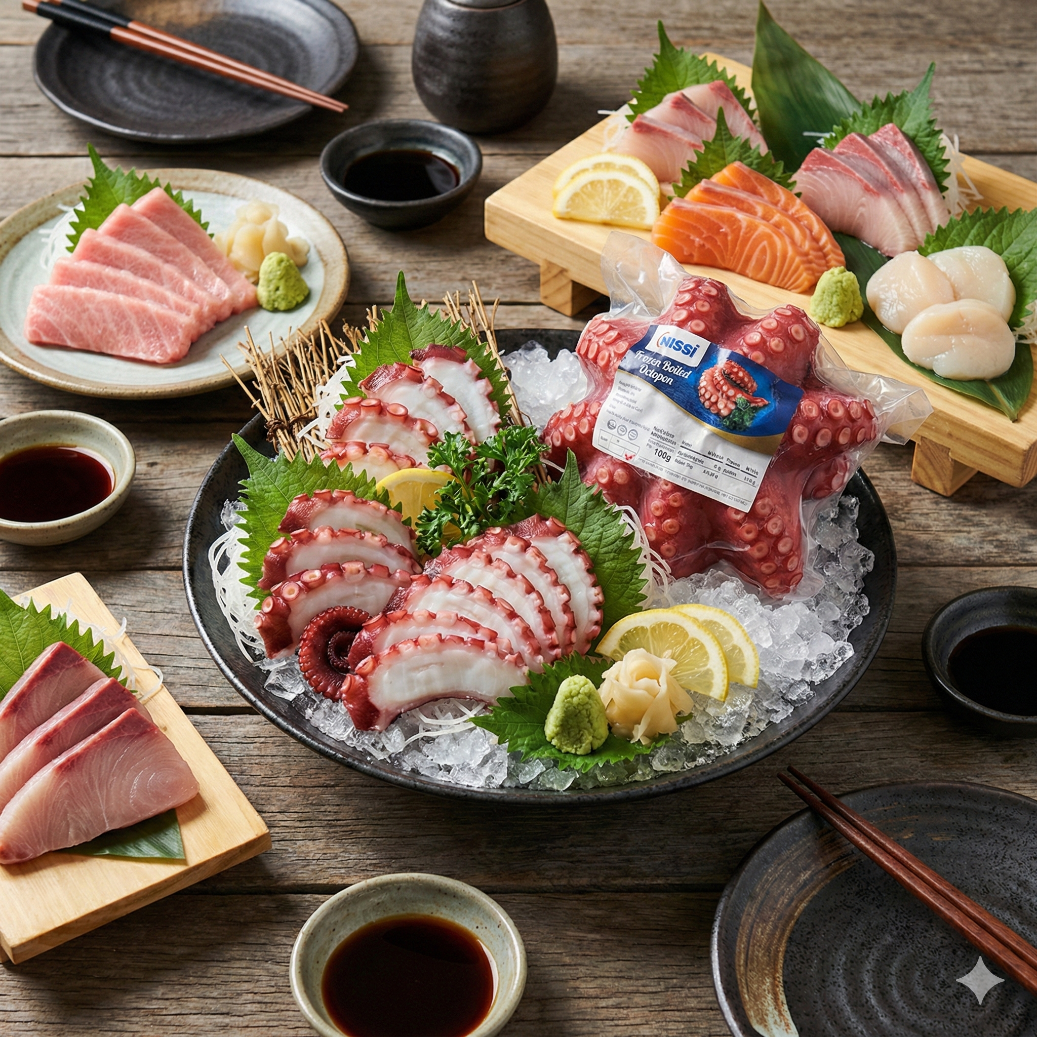 Đĩa sashimi bạch tuộc đỏ chất lượng cao, màu sắc bắt mắt