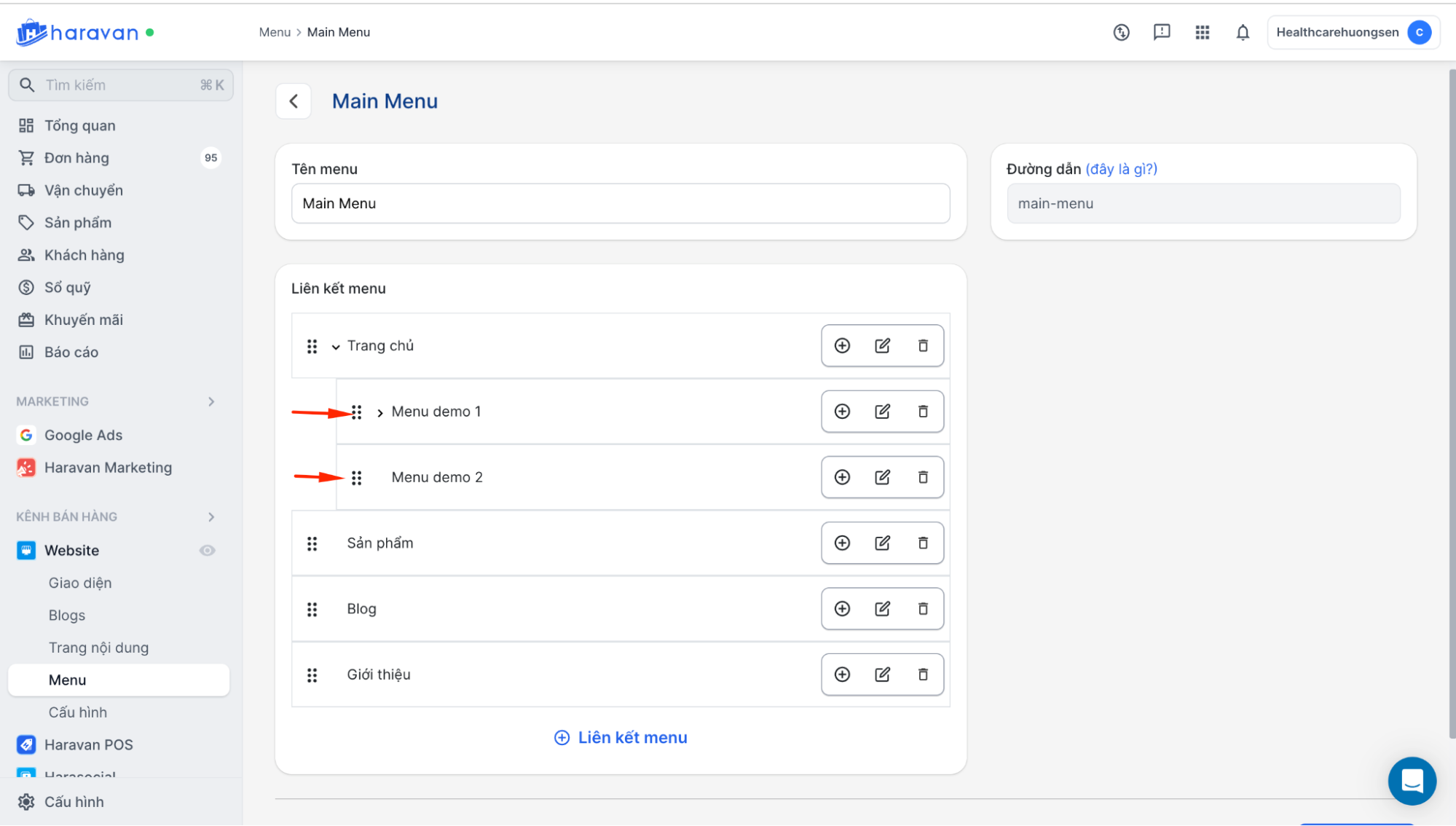 Kéo thả tạo Menu con Dropdown Haravan