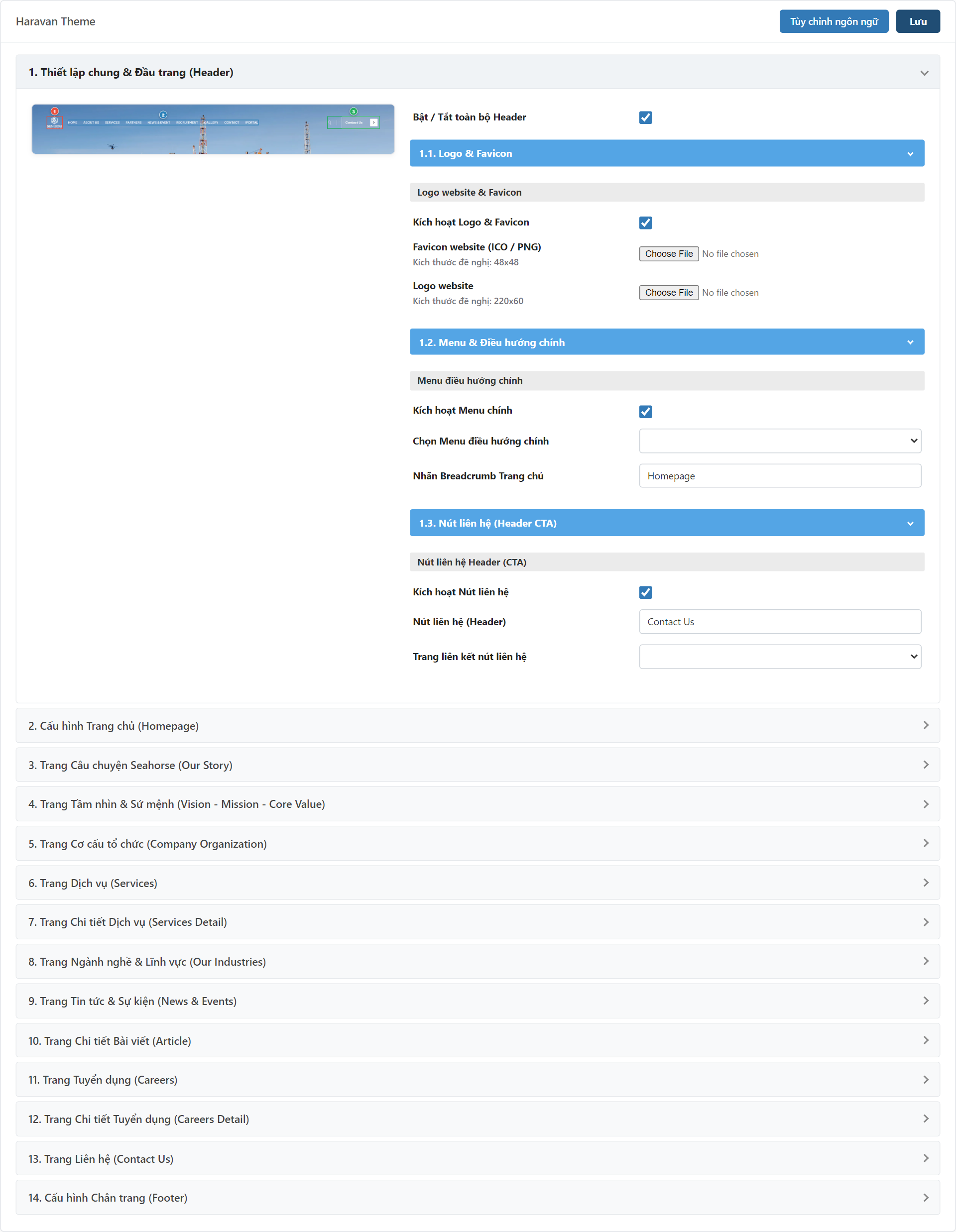 Đầu trang (Header) & Chân trang (Footer) Settings Admin