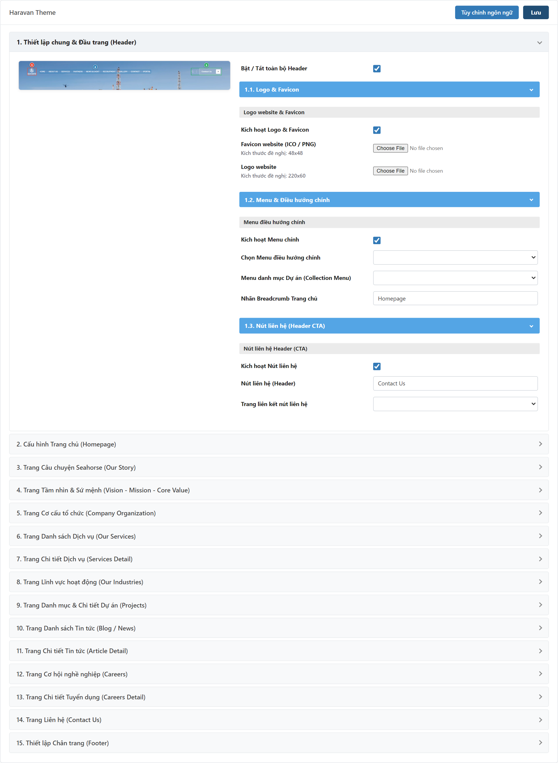 Header & Footer (Đầu trang & Chân trang) Settings Admin