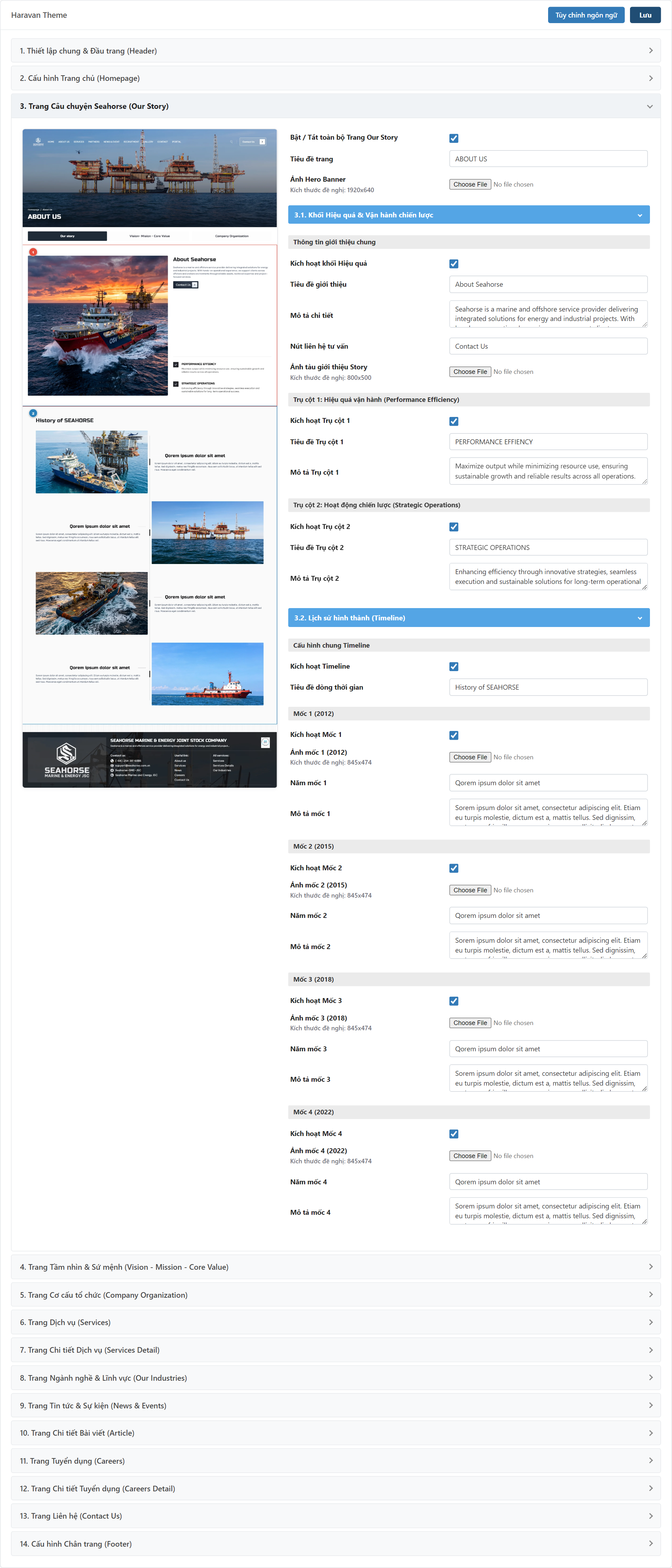 Trang Giới thiệu (Our Story) Settings Admin
