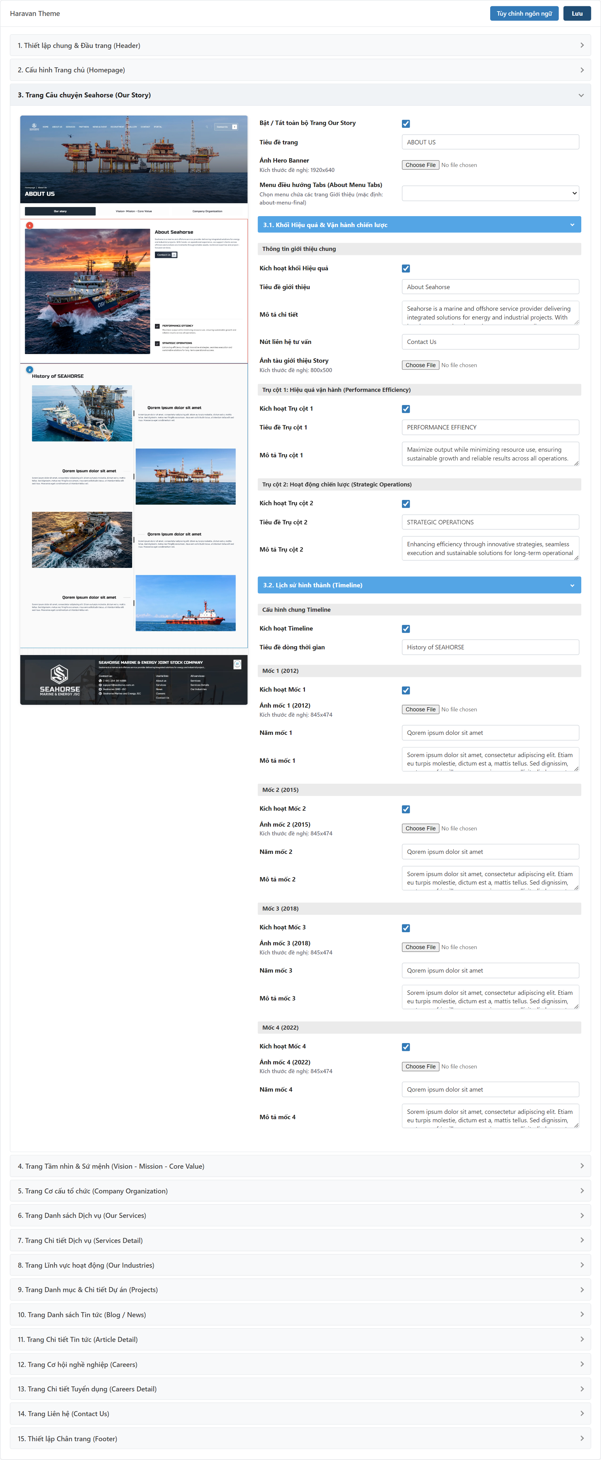 Trang Giới thiệu (Our Story) Settings Admin