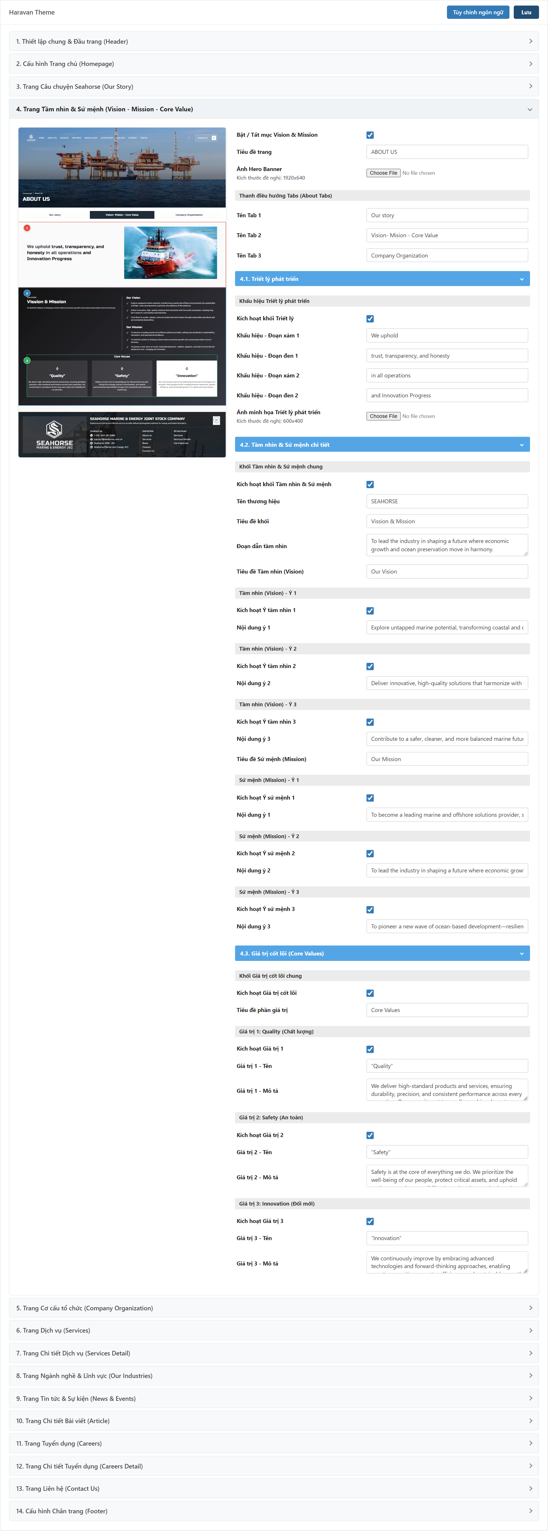 Trang Tầm nhìn & Sứ mệnh (Vision - Mission) Settings Admin