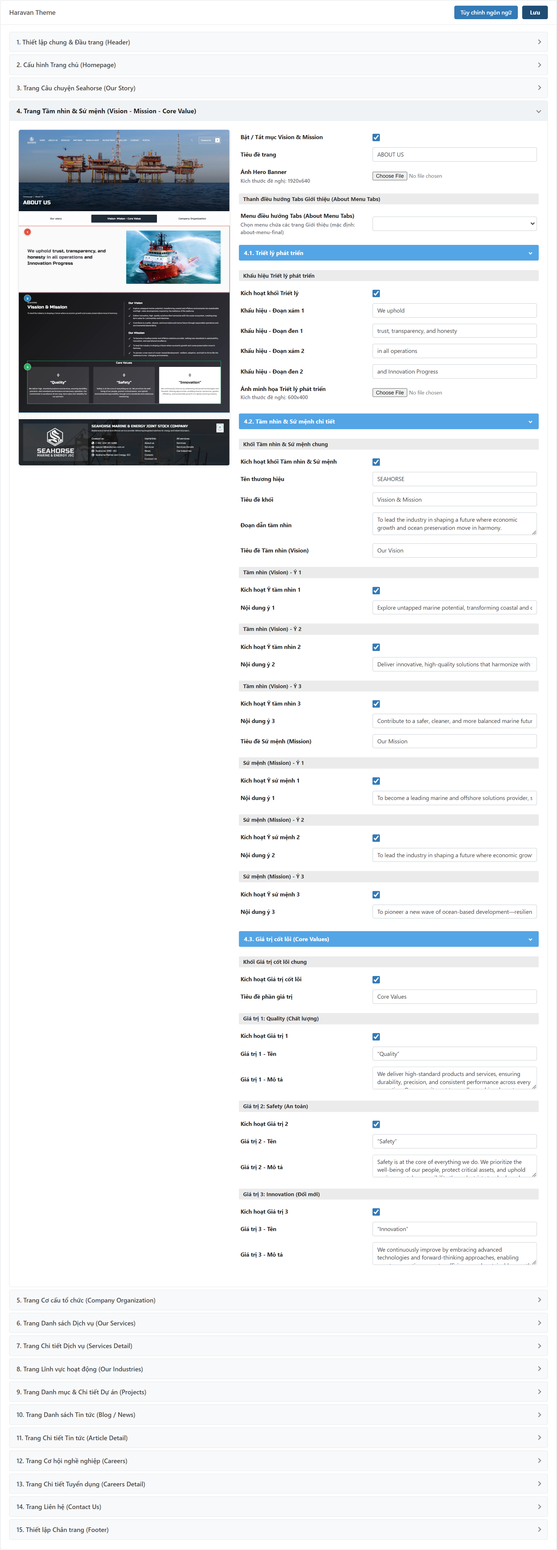 Trang Tầm nhìn & Sứ mệnh (Vision - Mission) Settings Admin