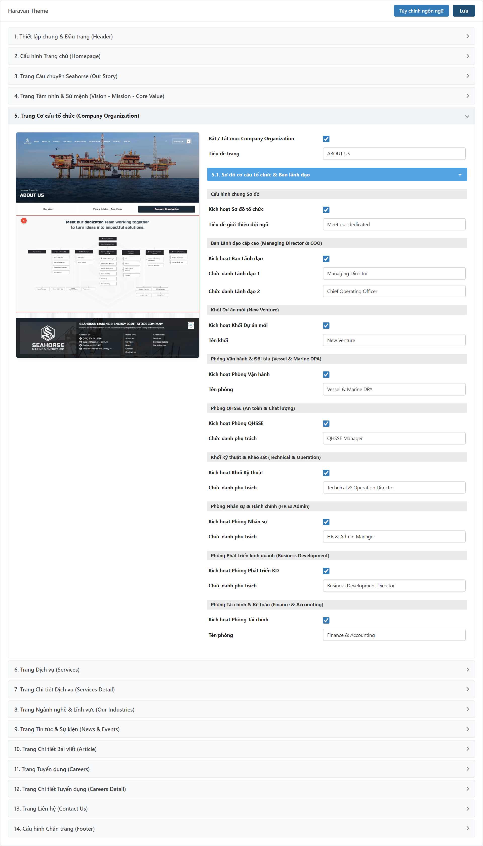 Trang Cơ cấu Tổ chức (Company Organization) Settings Admin