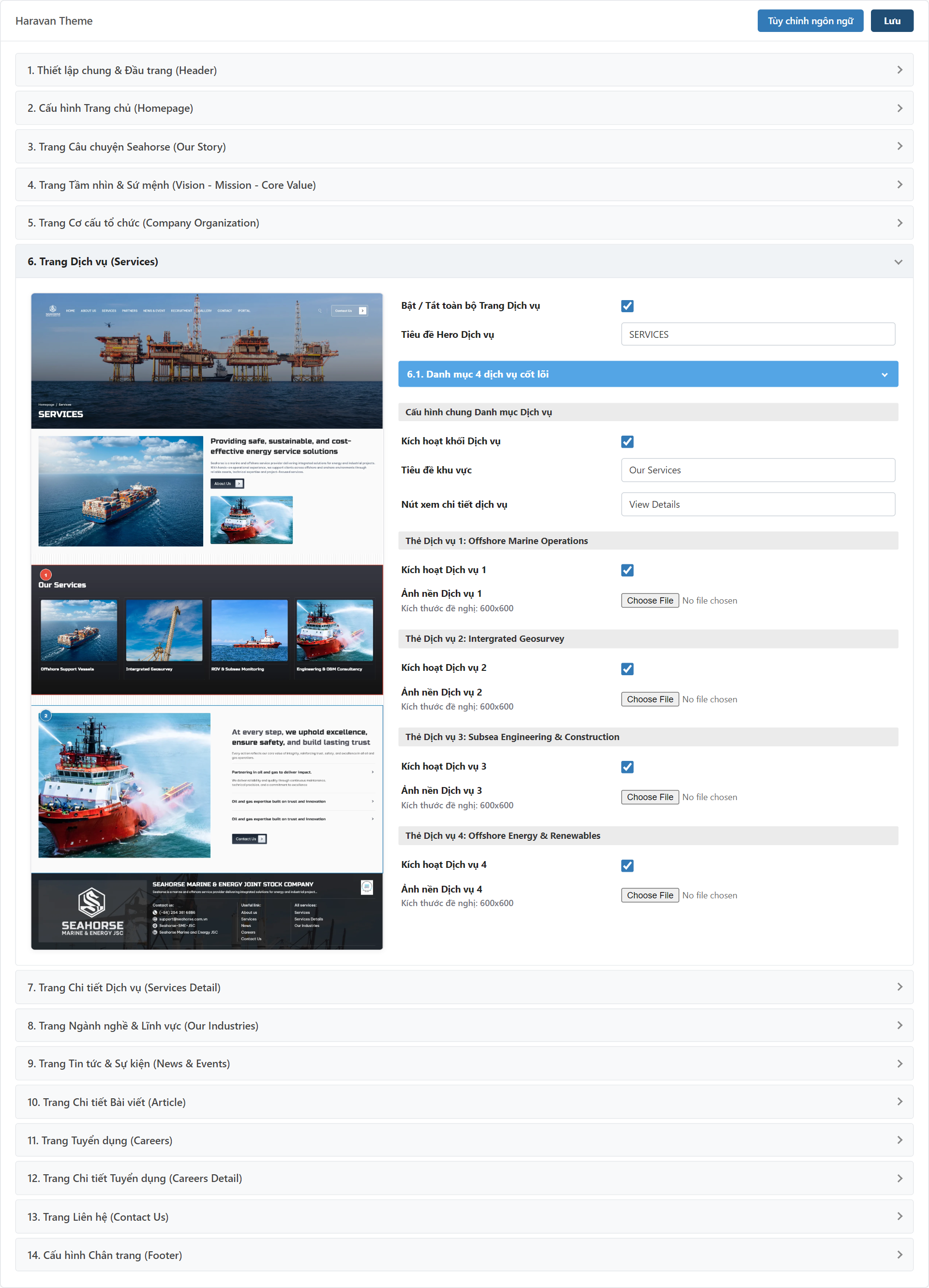 Trang Dịch vụ (Services) Settings Admin