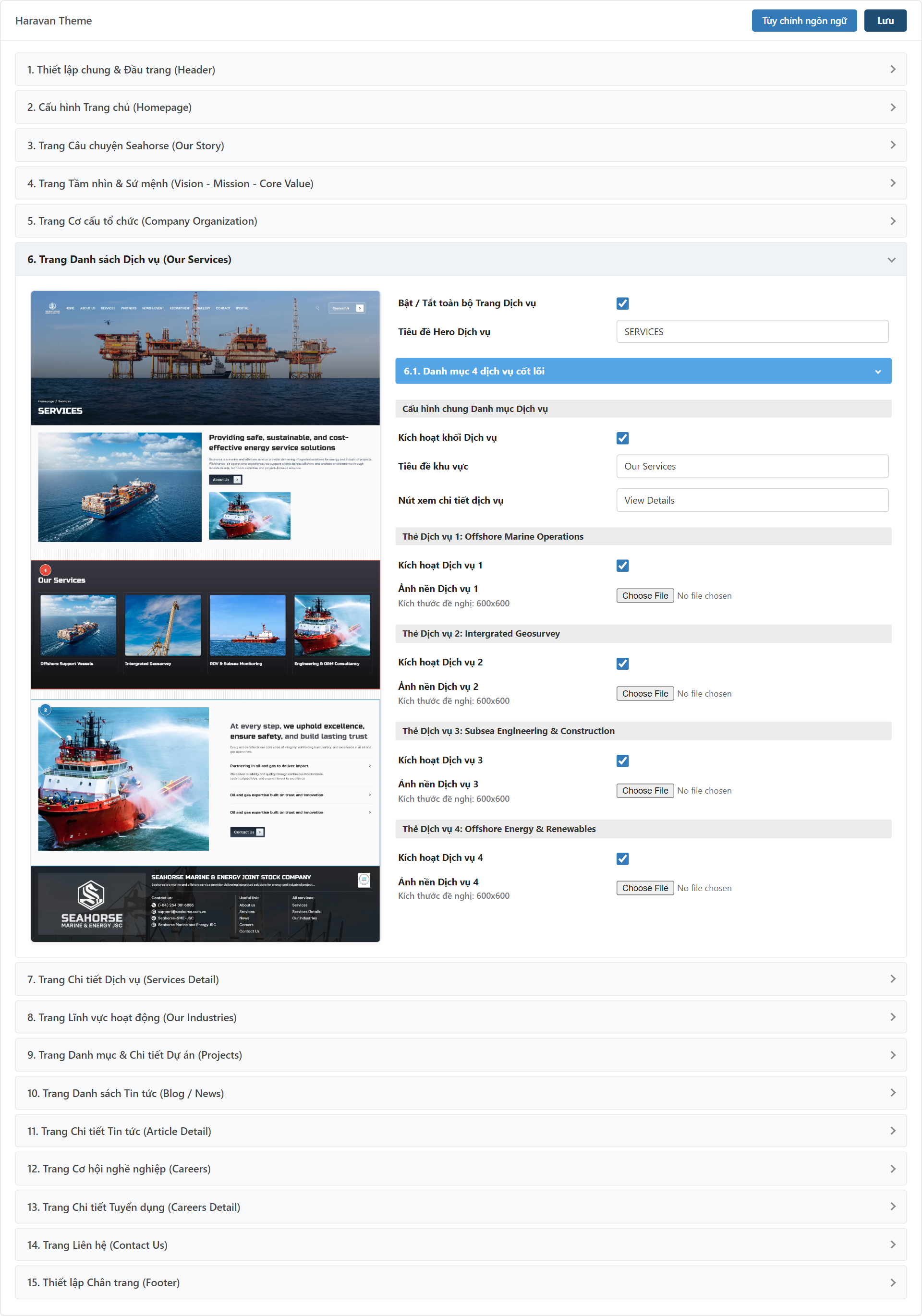 Trang Dịch vụ (Services) Settings Admin