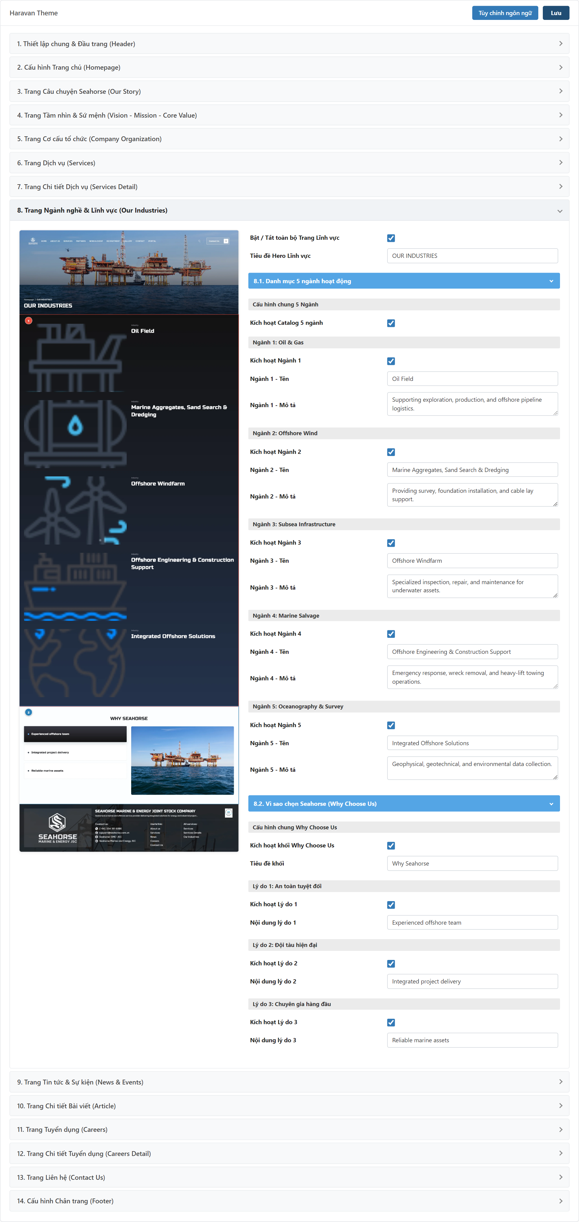 Trang Ngành nghề & Lĩnh vực (Our Industries) Settings Admin