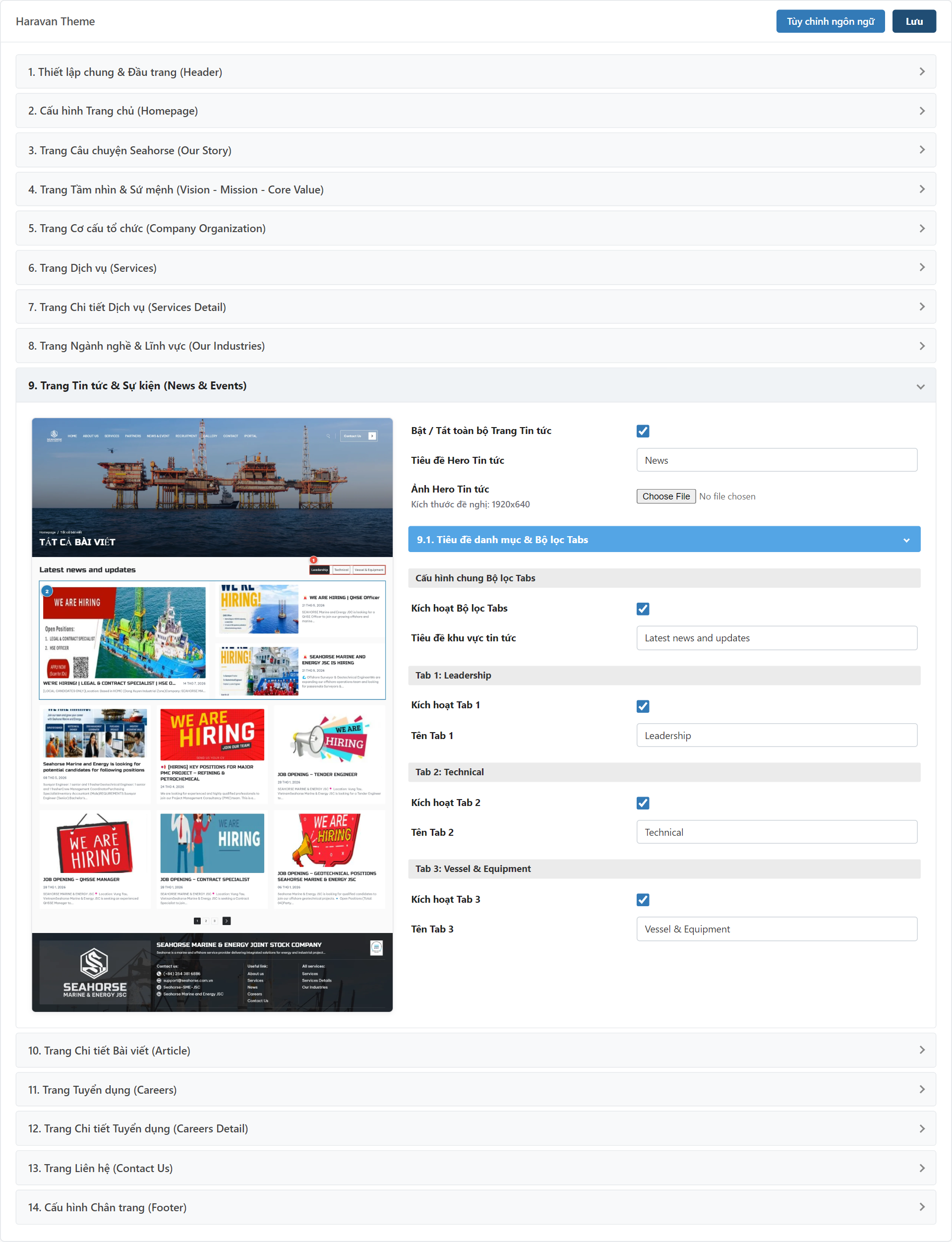 Trang Tin tức & Sự kiện (News & Events) Settings Admin
