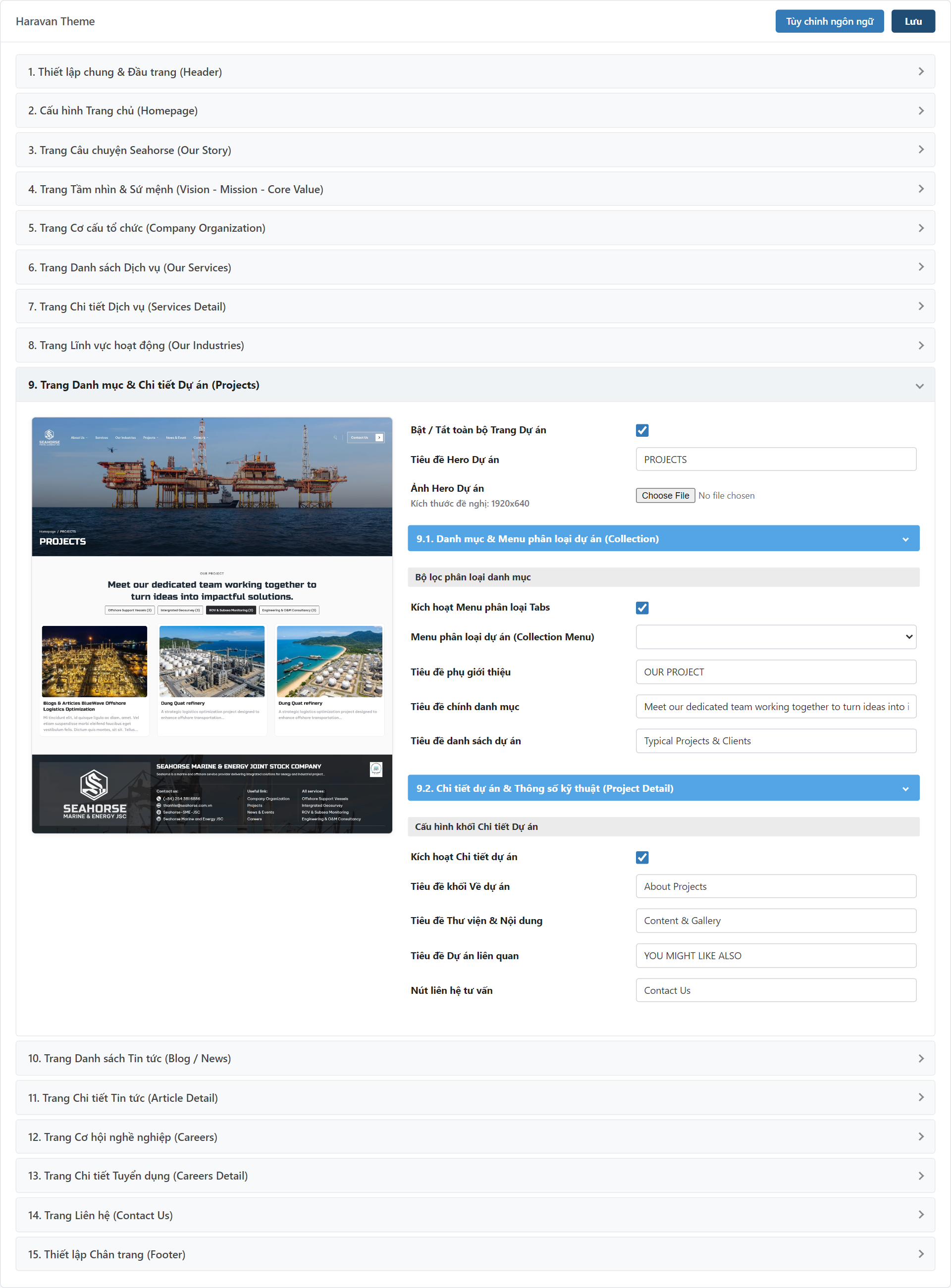 Trang Danh mục Dự án (Projects Collection) Settings Admin
