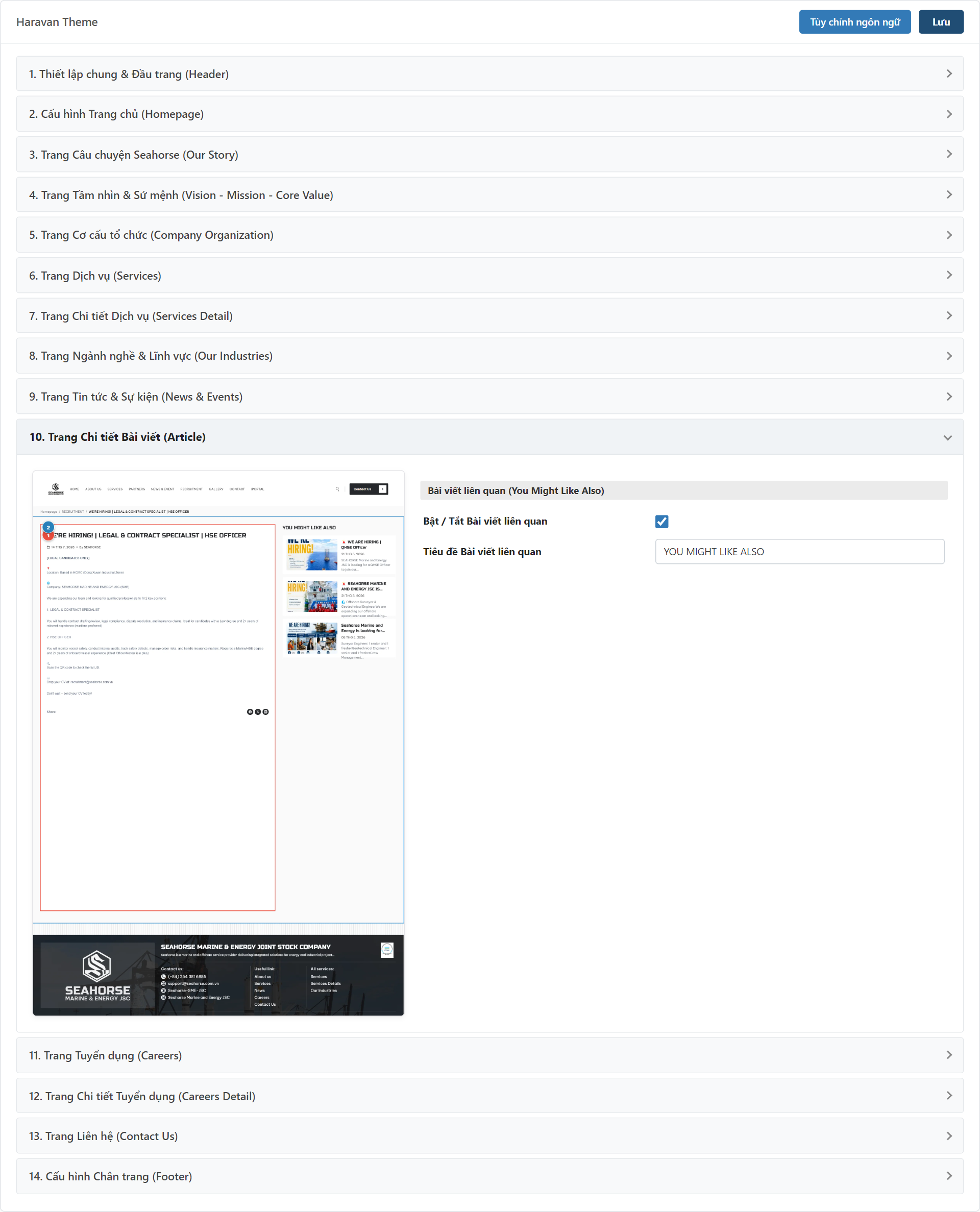 Trang Chi tiết Bài viết (Article) Settings Admin