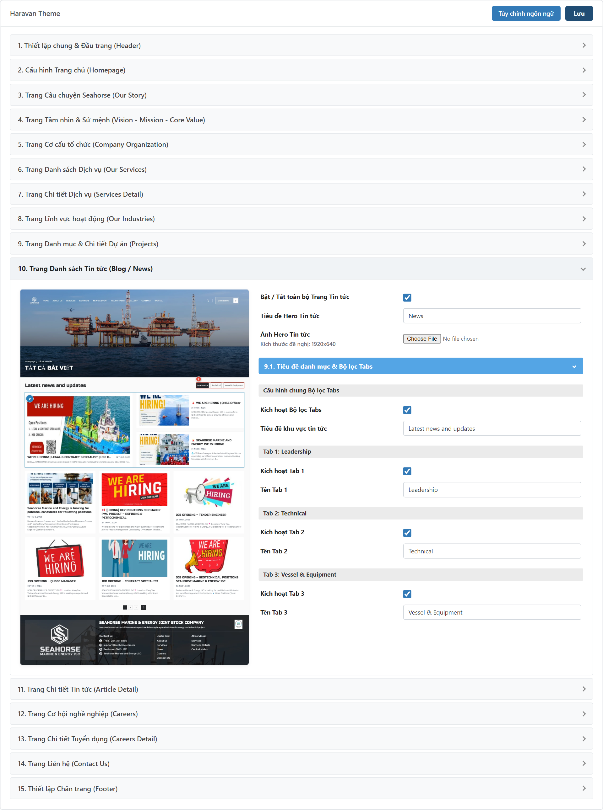 Trang Tin tức & Sự kiện (News & Events) Settings Admin