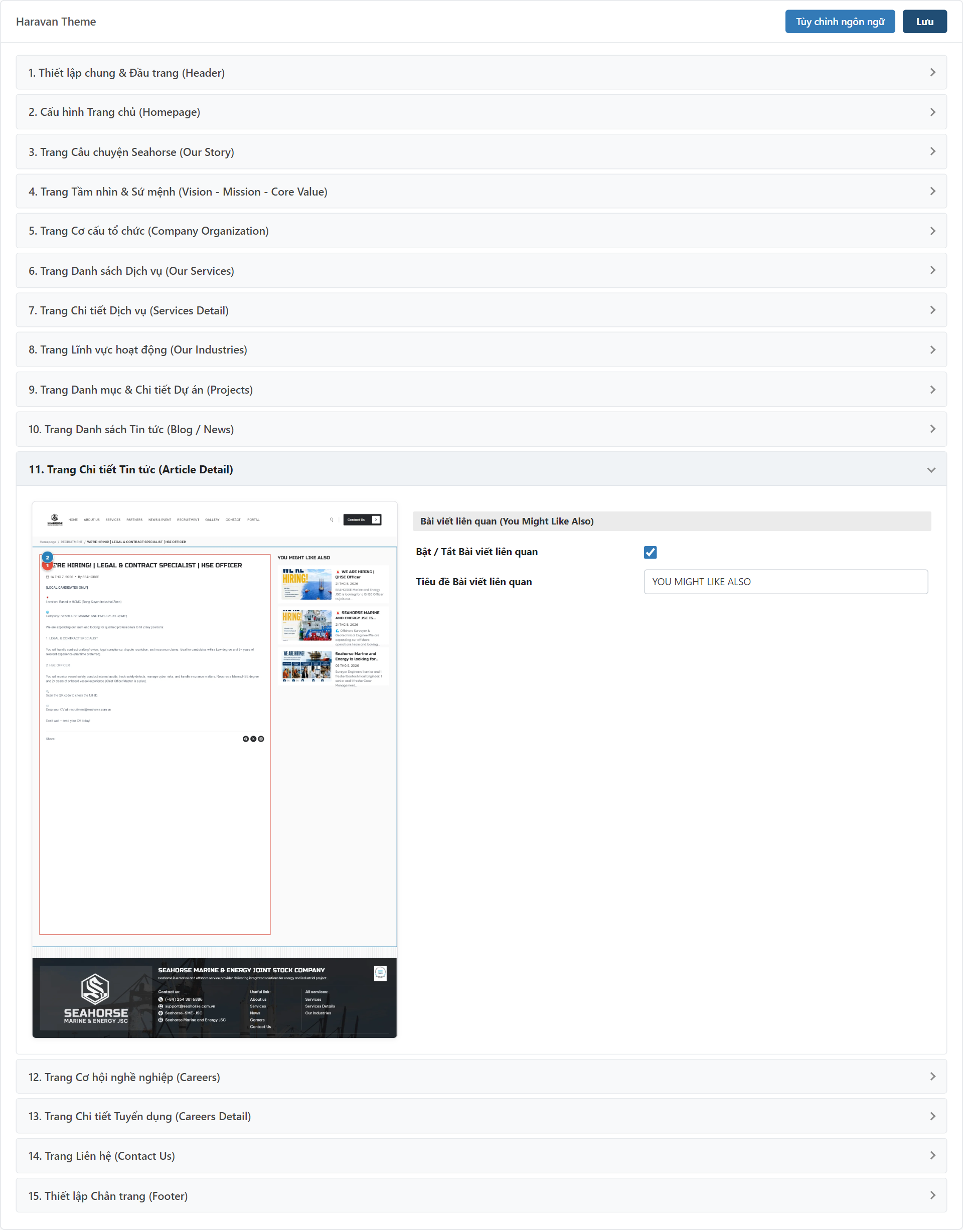 Trang Chi tiết Bài viết (Article Detail) Settings Admin