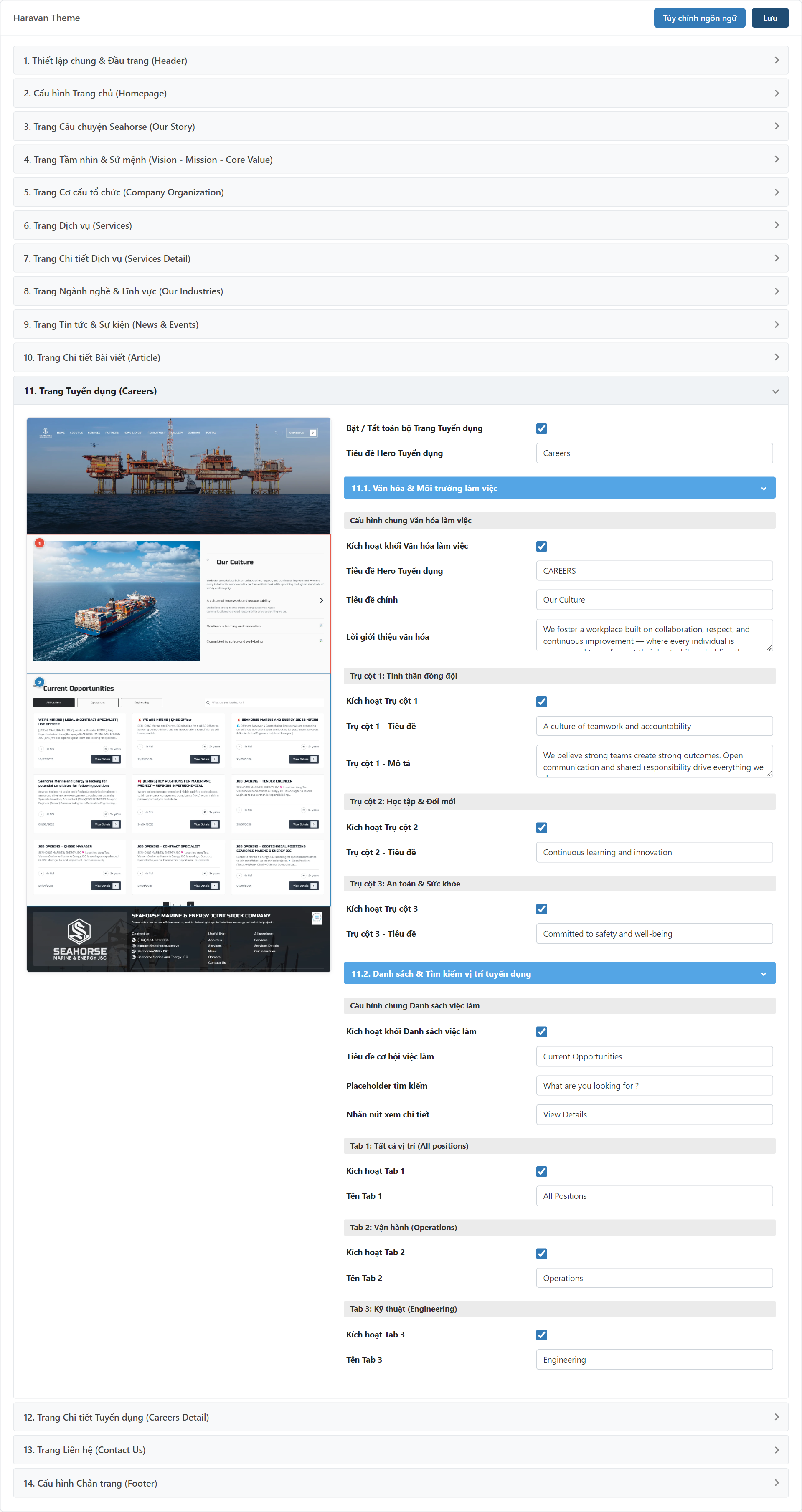Trang Tuyển dụng (Careers) Settings Admin
