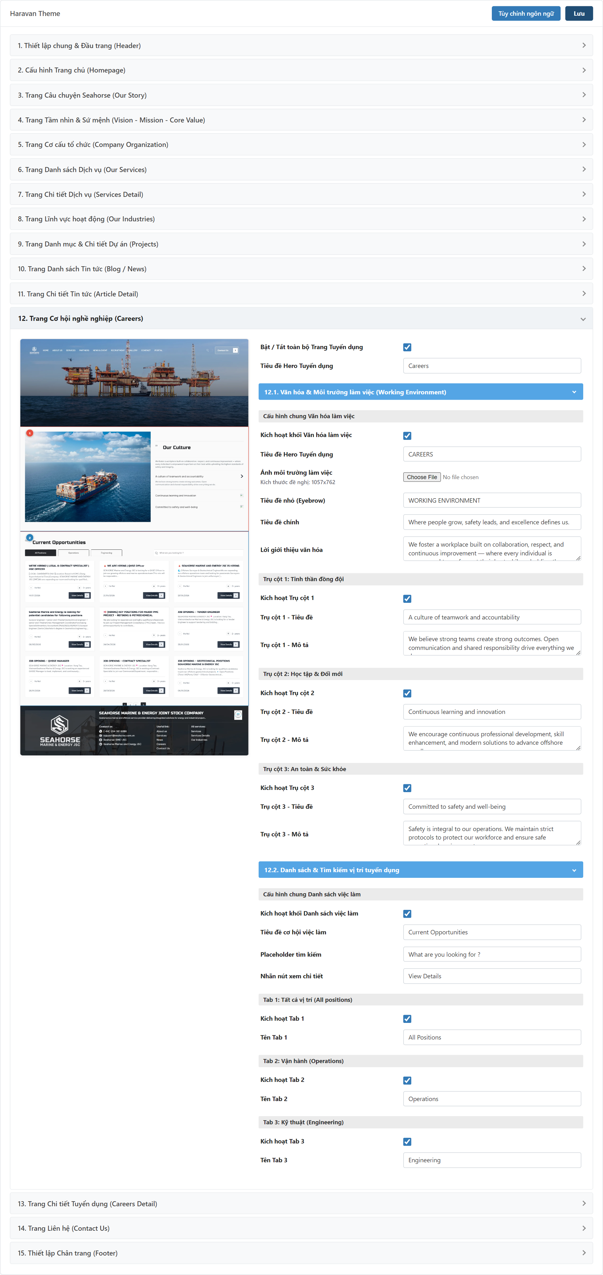Trang Tuyển dụng (Careers) Settings Admin