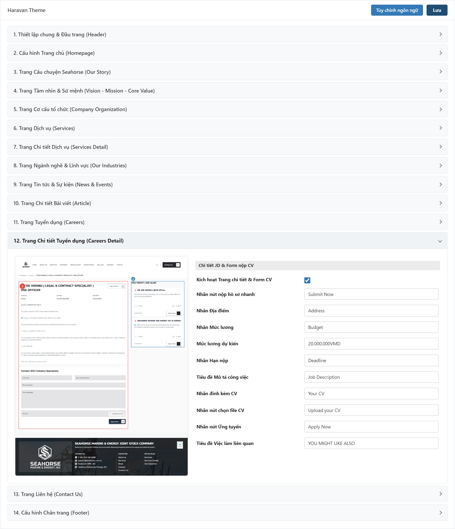 Trang Chi tiết Tuyển dụng (Careers Detail) Settings Admin