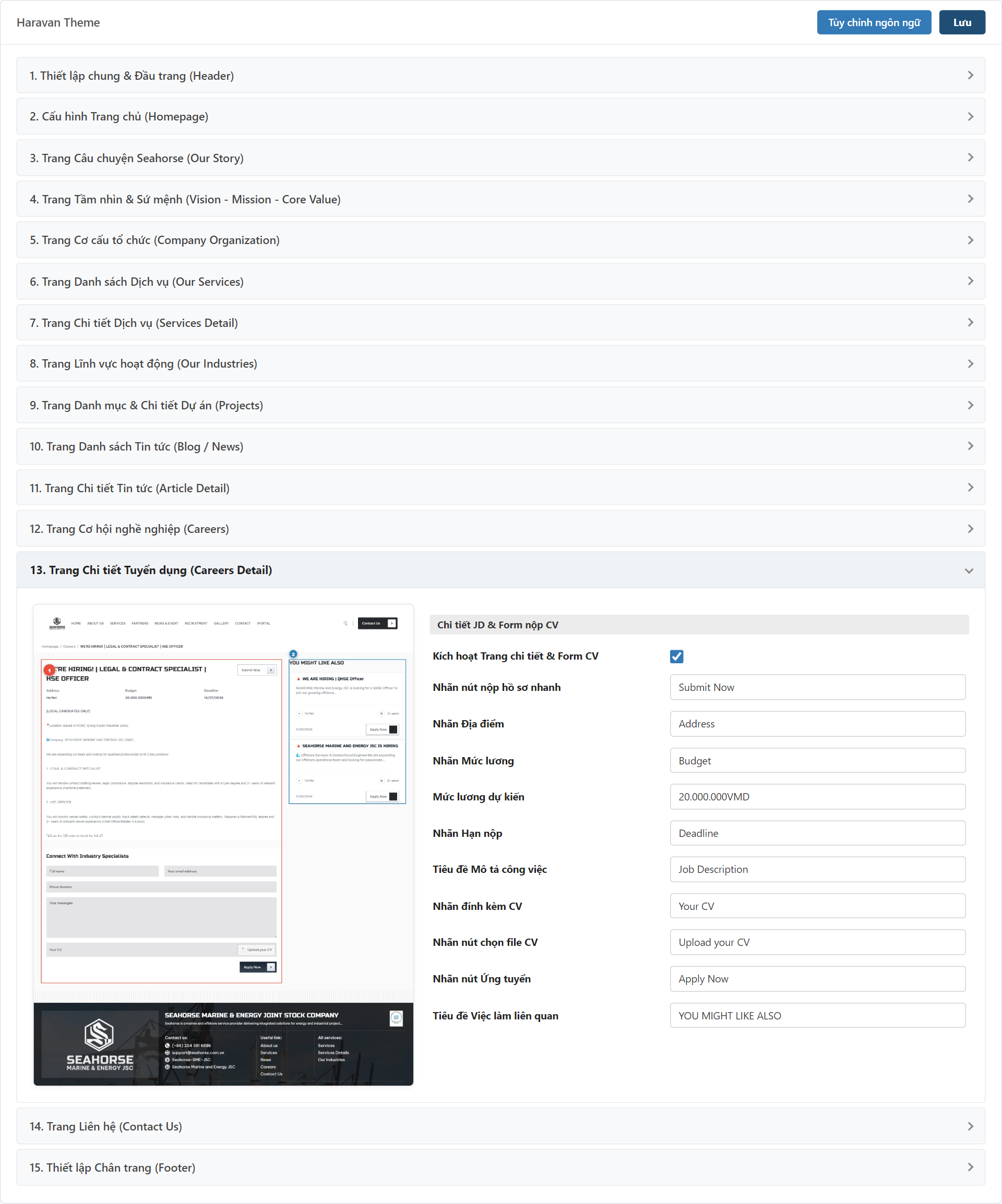 Trang Chi tiết Tuyển dụng (Careers Detail) Settings Admin