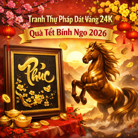 Tranh Thư Pháp Dát Vàng 24K – Quà Tết Bính Ngọ 2026 Sang Trọng, Ý Nghĩa