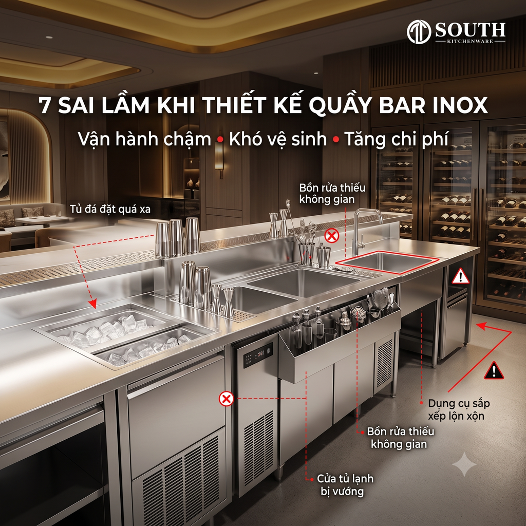 7 sai lầm khi thiết kế quầy bar inox khiến vận hành chậm và tốn chi phí