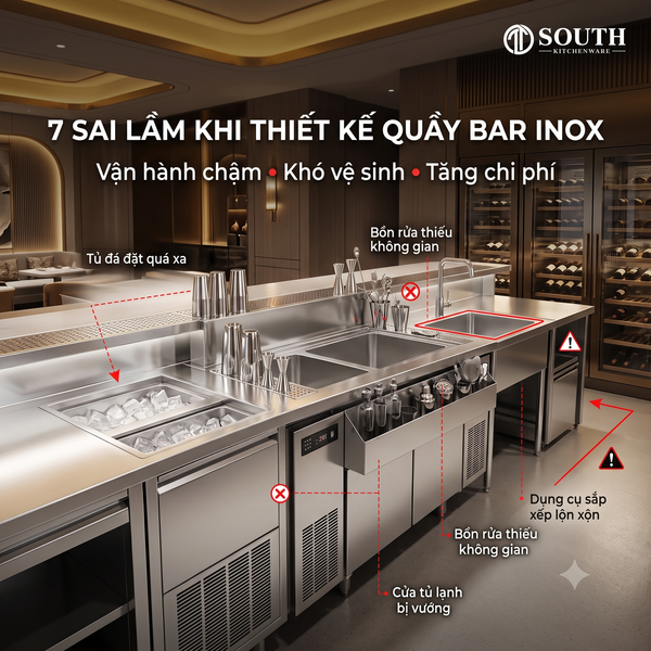 7 sai lầm khi thiết kế quầy bar inox khiến vận hành chậm và tốn chi phí