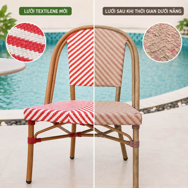 So sánh lưới Textilene mới và lưới bị giòn phai màu do nắng (Nguồn: NT Luxvie)