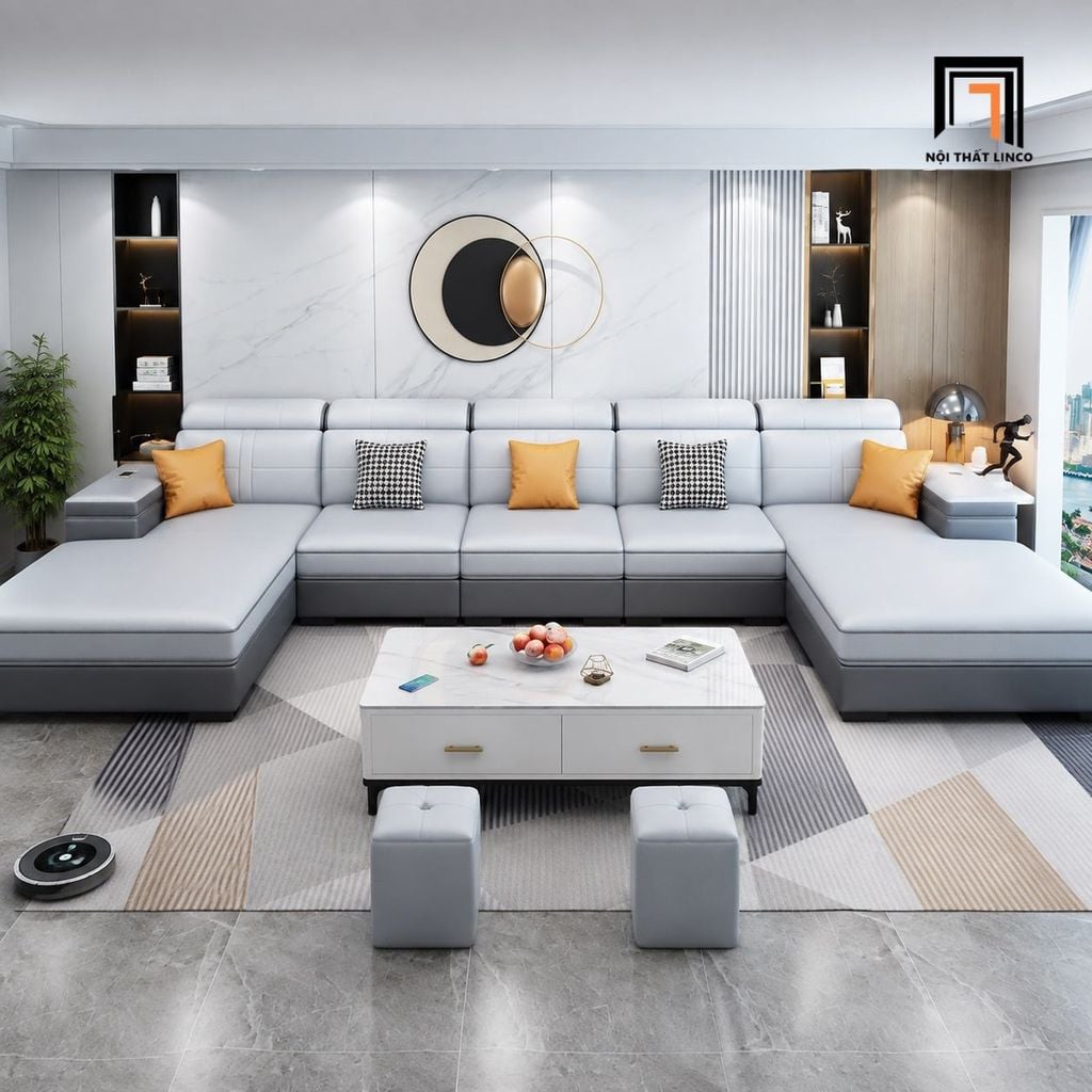sofa dài chữ U dài 3m5 bọc da công nghiệp