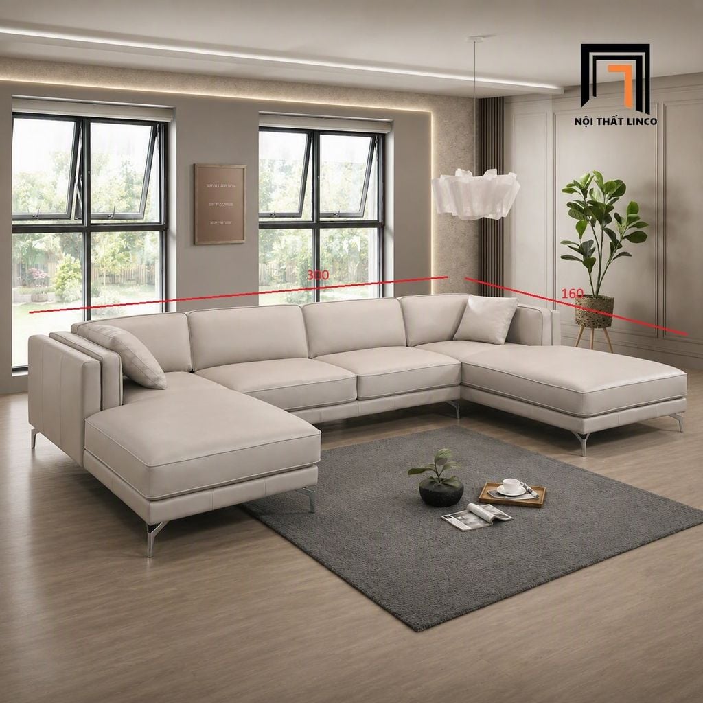 sofa chữ U dài 3m xám trắng