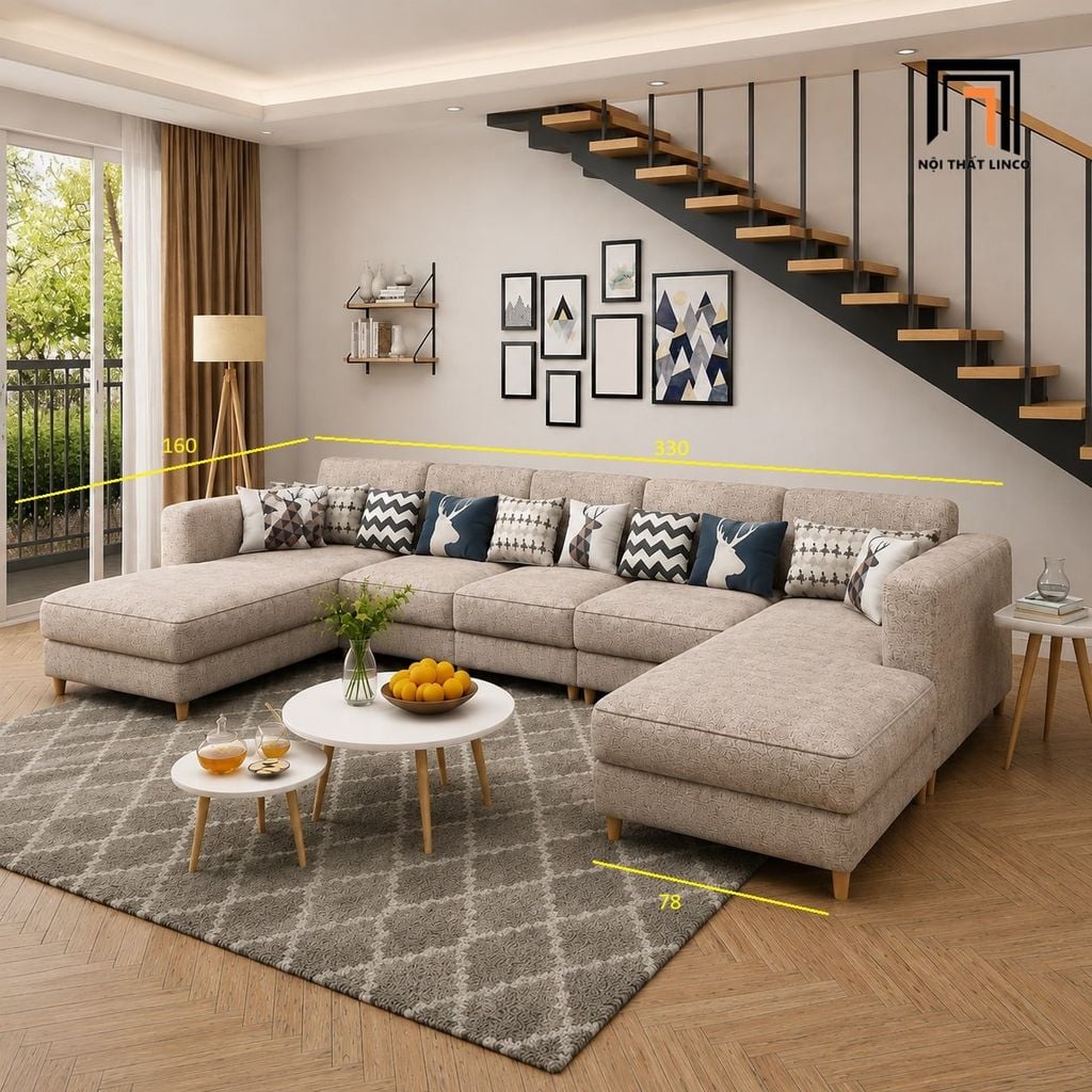 sofa chữ U dài 3m3 vải xám trắng