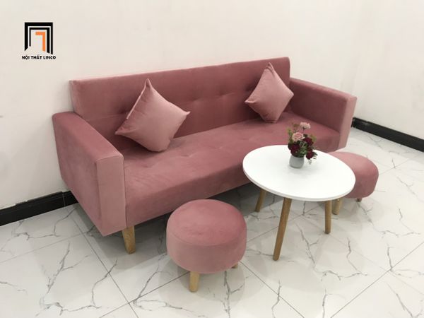 sofa, ghế sofa, bộ ghế sofa giường, sofa bed, sofa giường nằm dài 2m, sofa màu hồng, ghế sofa vải nhung