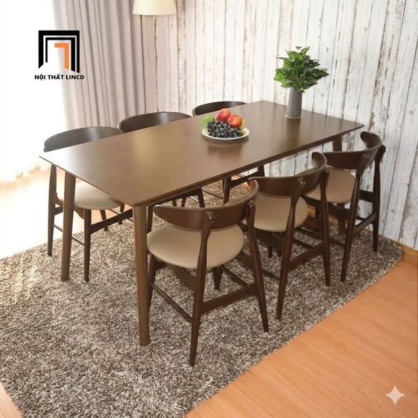 bàn ăn, bộ bàn ăn 6 ghế gỗ cao su, set bàn ăn căn hộ chung cư, bộ bàn ăn gỗ màu nâu, bàn ăn 6 ghế gỗ cong