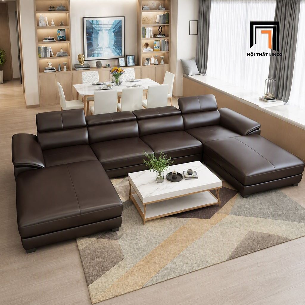 sofa dài chữ U 3m2 nâu cao cấp