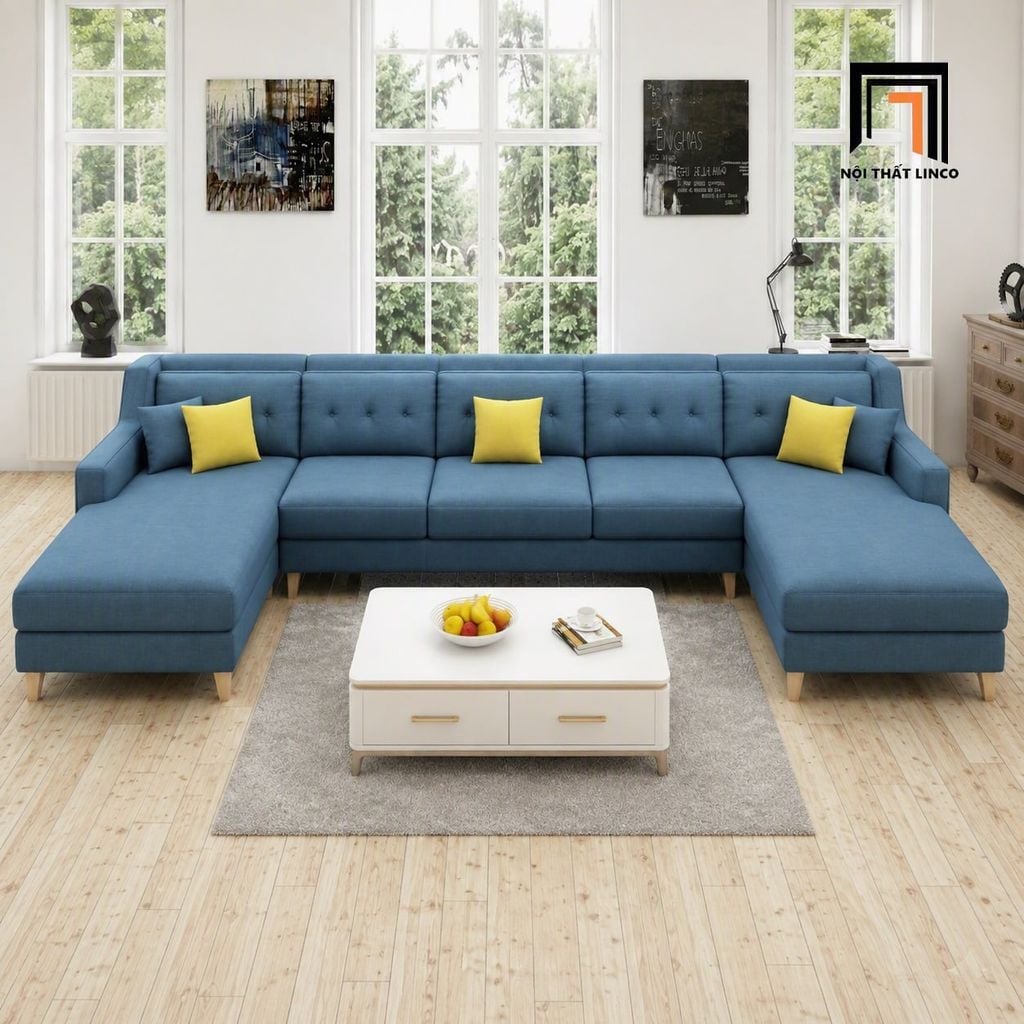 sofa chữ U dài 3m2 xanh dương