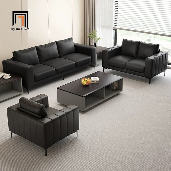 sofa, ghế sofa, bộ ghế sofa da, set 3 ghế sofa xám đậm, sofa da công nghiệp, bộ ghế sofa hiện đại, set 3 ghế sofa