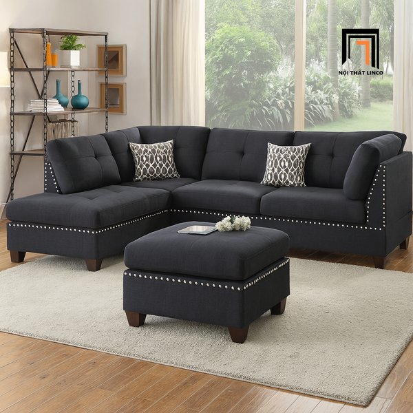 sofa, ghế sofa, bộ ghế sofa góc 2m4 x 1m8, sofa góc vải nỉ, sofa góc xám đen, sofa góc kiểu dáng châu Âu