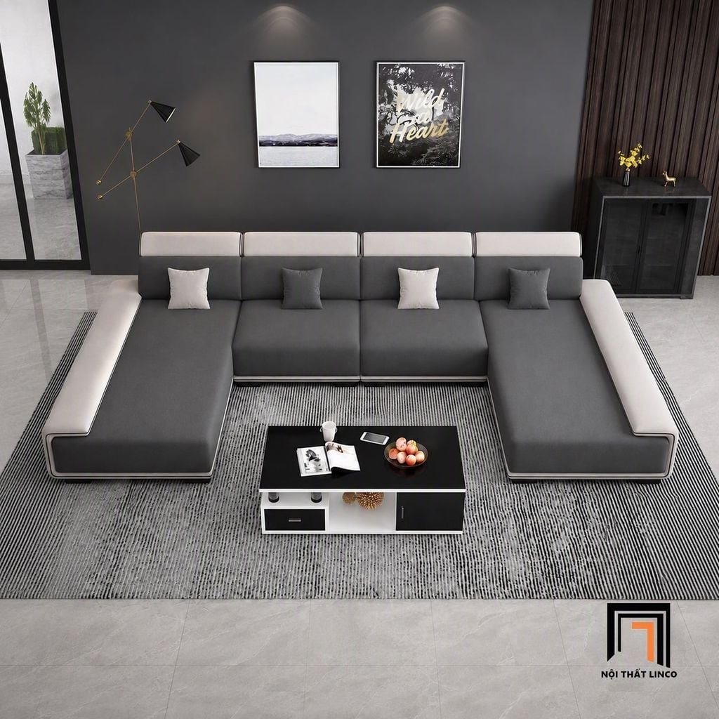 sofa dài chữ U 3m2 vải trắng đen
