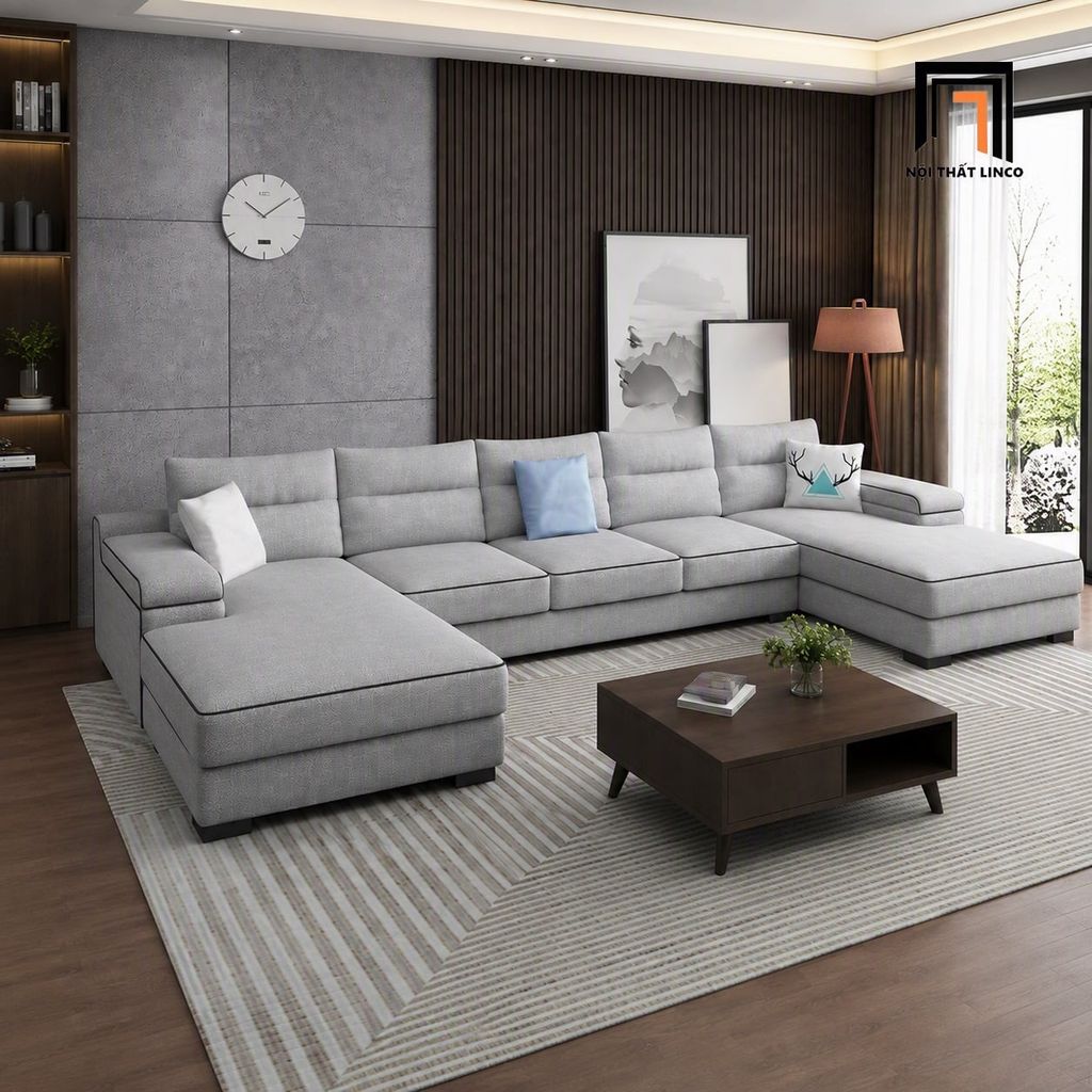 sofa chữ U dài 3m4 vải trắng xám nỉ