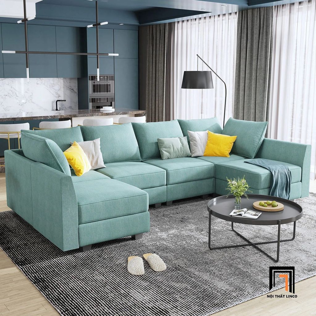 sofa chữ U dài 2m9 màu xanh ngọc