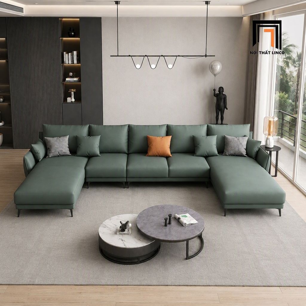 sofa chữ U dài 3m4 xanh lá