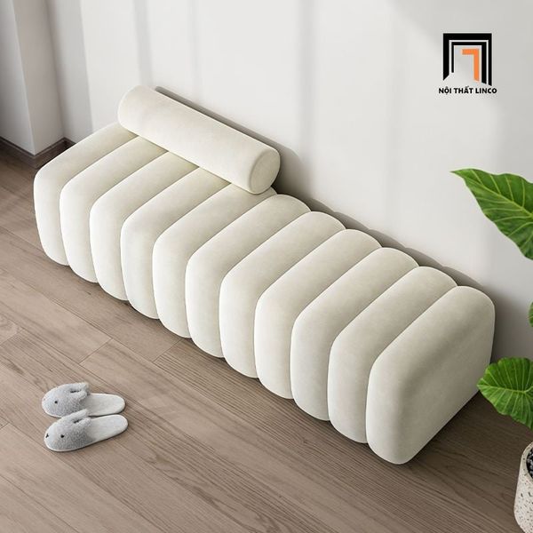 đôn ghế sofa bọc nệm, sofa bench, sofa đôn, sofa đôn vải nhung trắng kem