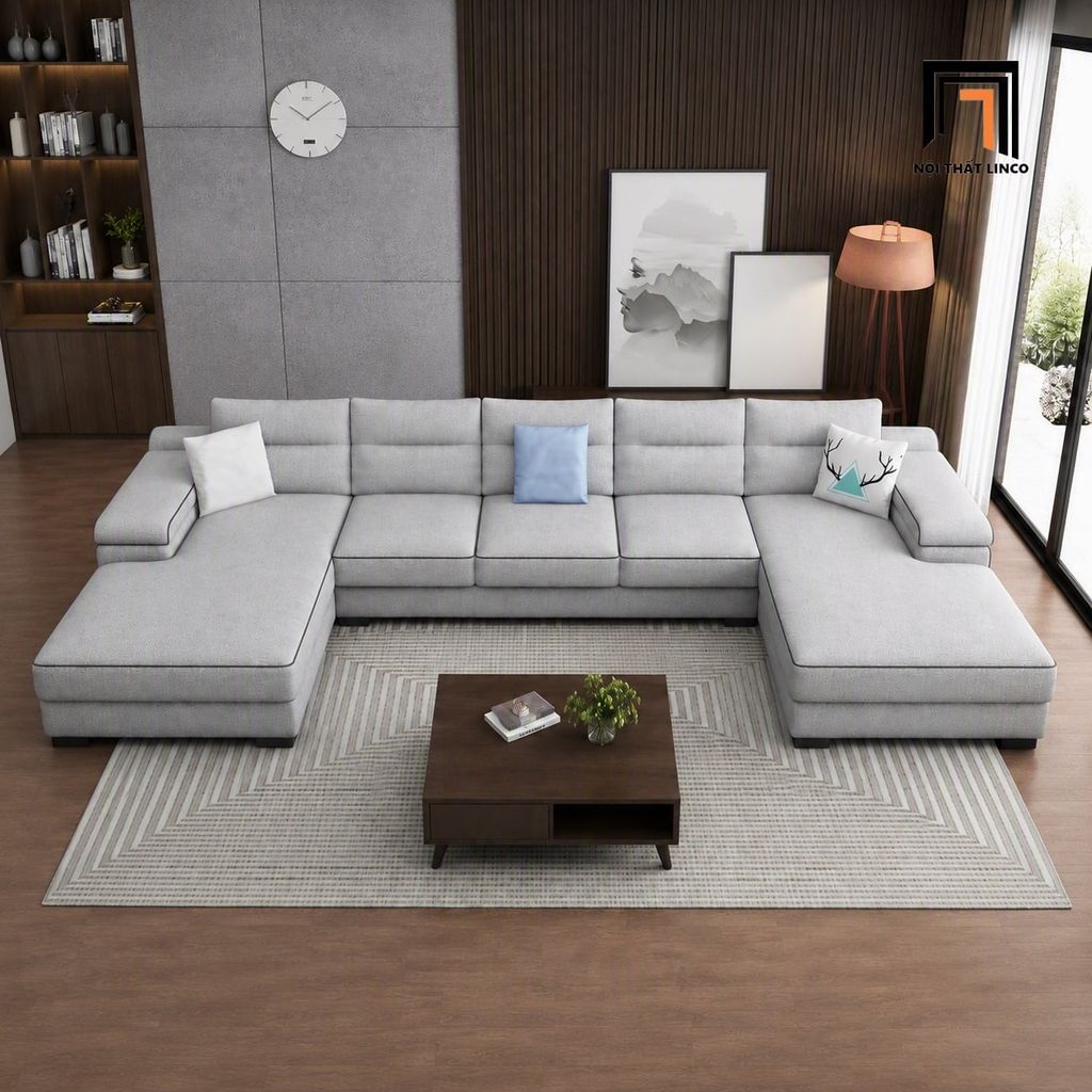 sofa chữ U dài 3m4 vải trắng xám nỉ