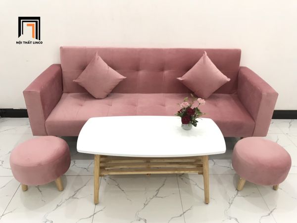 sofa, ghế sofa, bộ ghế sofa giường, sofa bed, sofa giường nằm dài 2m, sofa màu hồng, ghế sofa vải nhung