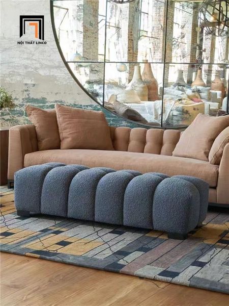 sofa, ghế sofa, đôn sofa, sofa đôn dài vải lông cừu, sofa đôn màu trắng kem